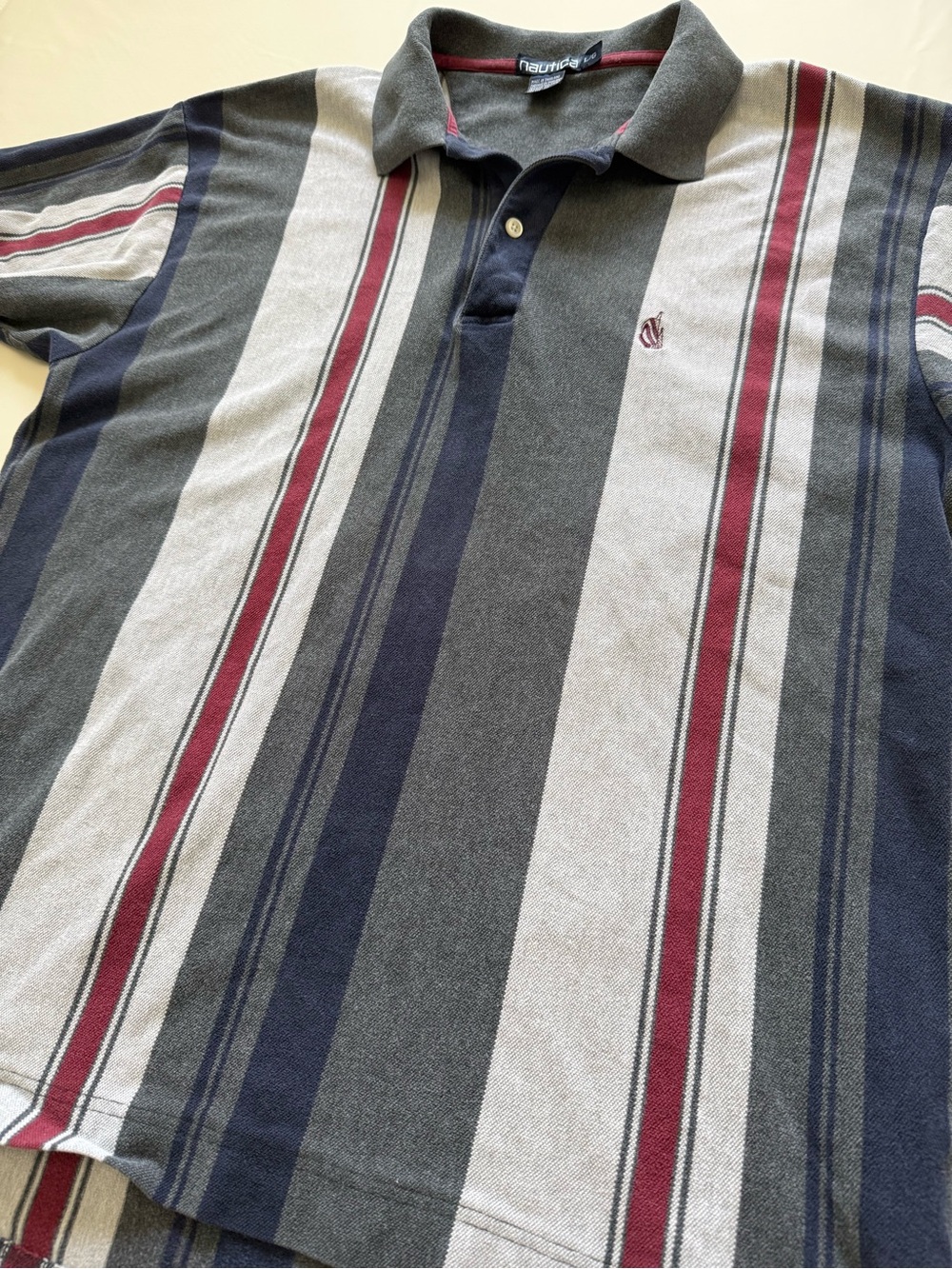 Vintage Nautica Men’s Striped Knit Polo Shirt - Gray, Navy & Burgundy - Sz Large